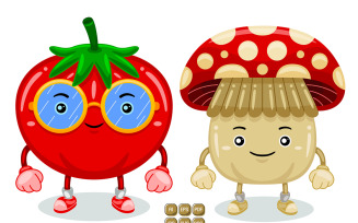 Mushroom and Tomato Mascot Character Vector