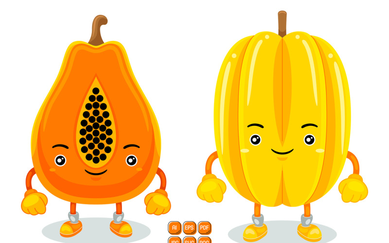 Papaya and Starfruit Mascot Character Vector Vector Graphic
