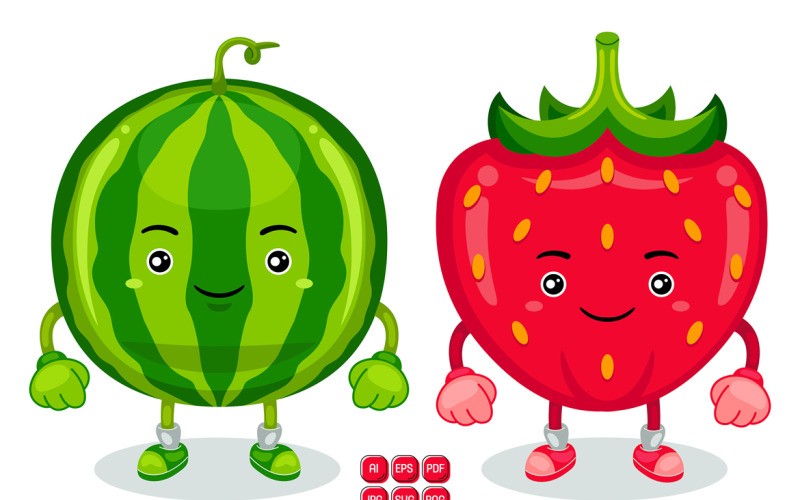 Strawberry and Watermelon Mascot Character Vector Vector Graphic