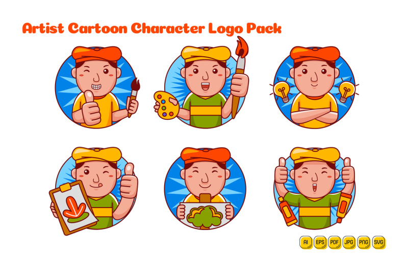Artist Man Cartoon Character Logo Pack Vector Graphic