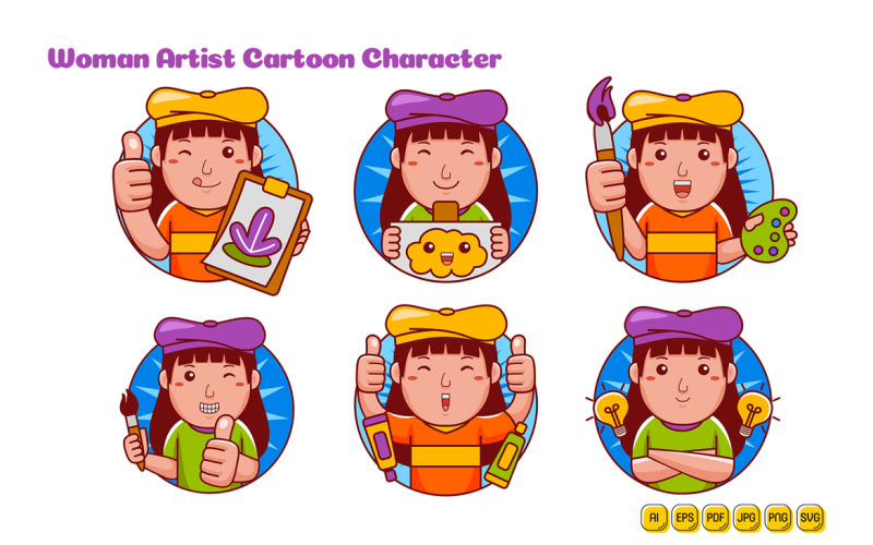 Artist Woman Cartoon Character Logo Pack Vector Graphic