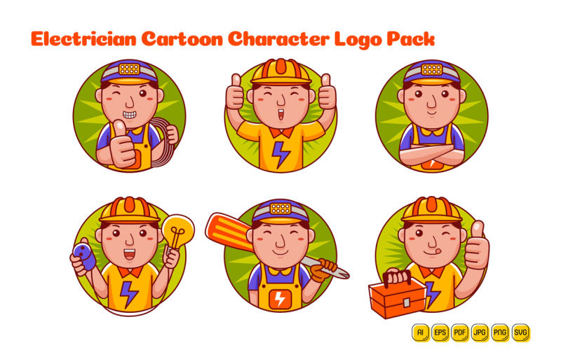 Electrician Man Cartoon Character Logo Pack Vector Graphic