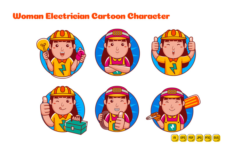 Electrician Woman Cartoon Character Logo Pack Vector Graphic