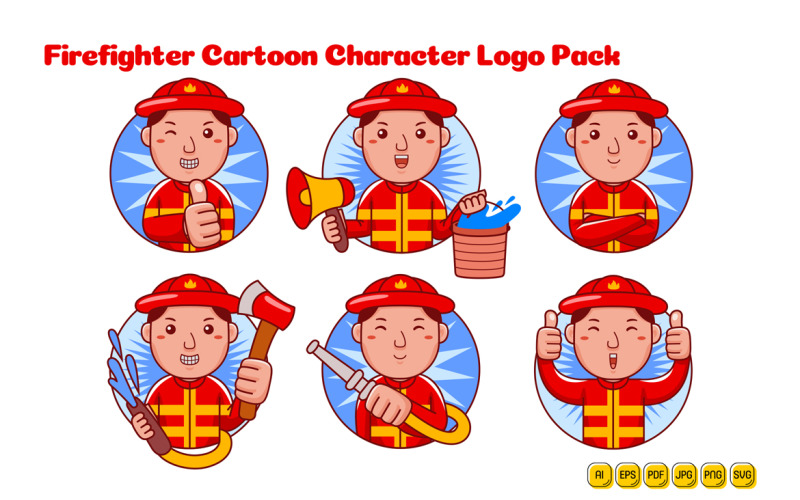 Firefighter Man Cartoon Character Logo Pack Vector Graphic