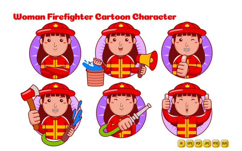 Firefighter Woman Cartoon Character Logo Pack Vector Graphic
