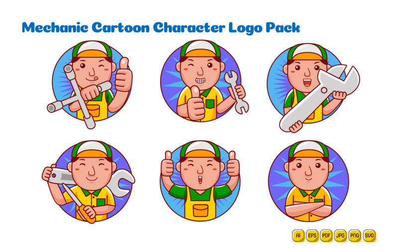 Mechanic Man Cartoon Character Logo Pack Vector Graphic