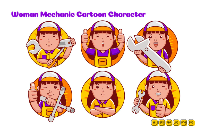 Mechanic Woman Cartoon Character Logo Pack Vector Graphic
