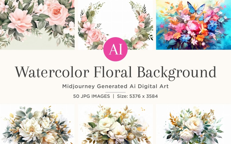 Watercolor flowers wreath Background 50 Set V-7 Illustration