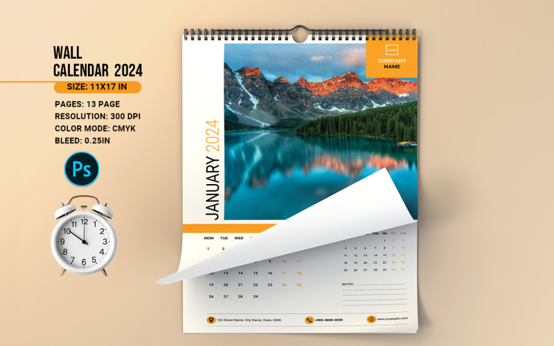 Wall Calendar 2024. Adobe Photoshop Template Corporate Identity