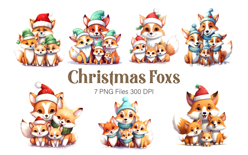 Cute Foxs With Christmas Santa Hat. Stickers. Illustration