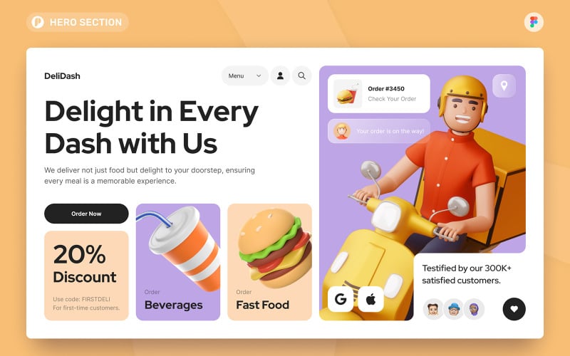 DeliDash - Food Delivery Order Hero Section Figma Template UI Element