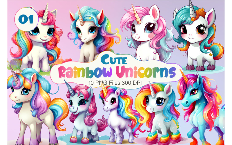 Cute rainbow unicorns 01. PNG Bundle. Illustration