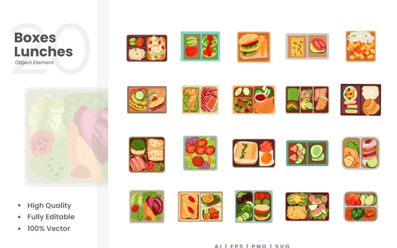 20 Boxed Lunches Vector Element Set Illustration