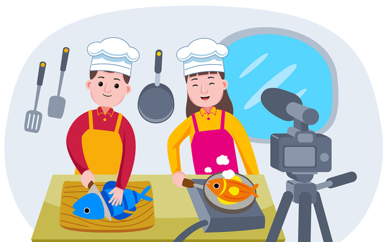 Broadcasting live event with Chefs Cooking Vector Illustration Vector Graphic