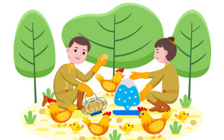 Couple Chicken Farmer Profession Vector Illustration