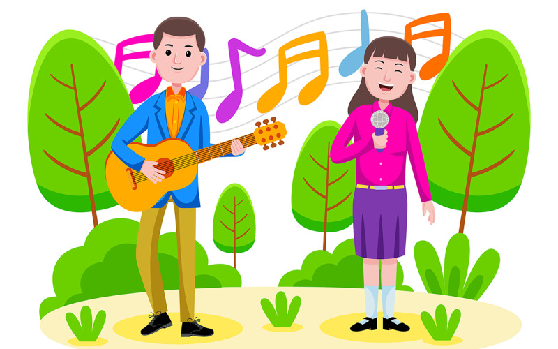 Couple singing and playing the guitar at the park Vector Illustration Vector Graphic