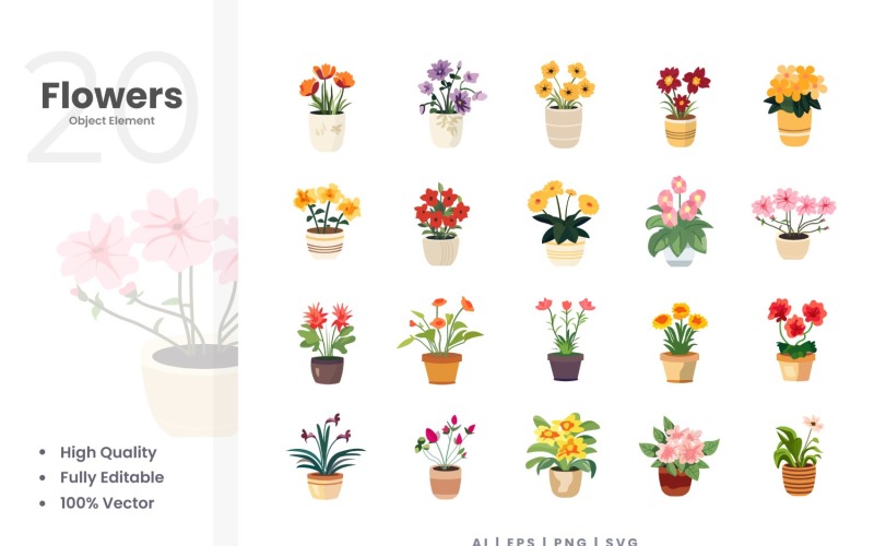 20 Flowers Vector Element Set Illustration