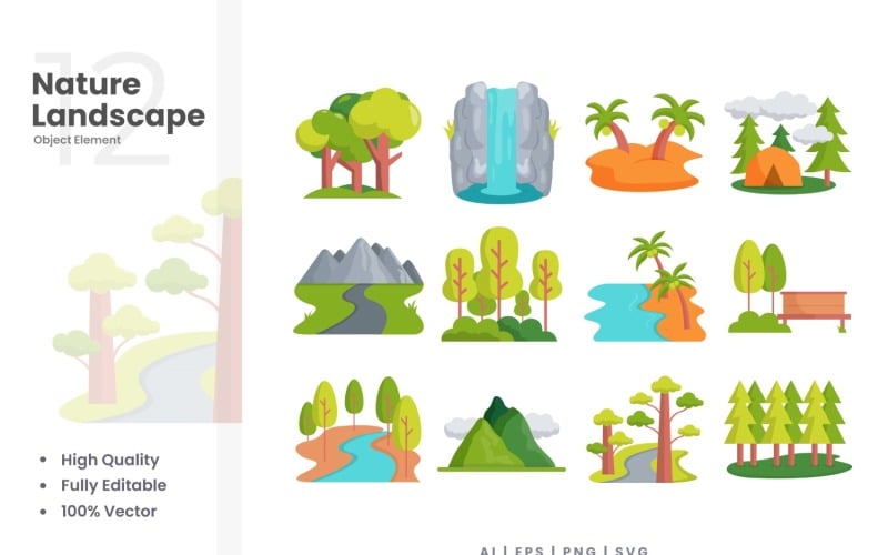 12 Nature Landscape Vector Element Set Illustration