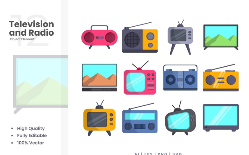 12 Television and Radio Vector Element Set Illustration