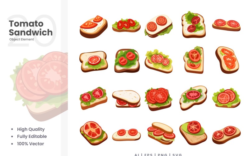 20 Tomato Sandwich Vector Element Set Illustration