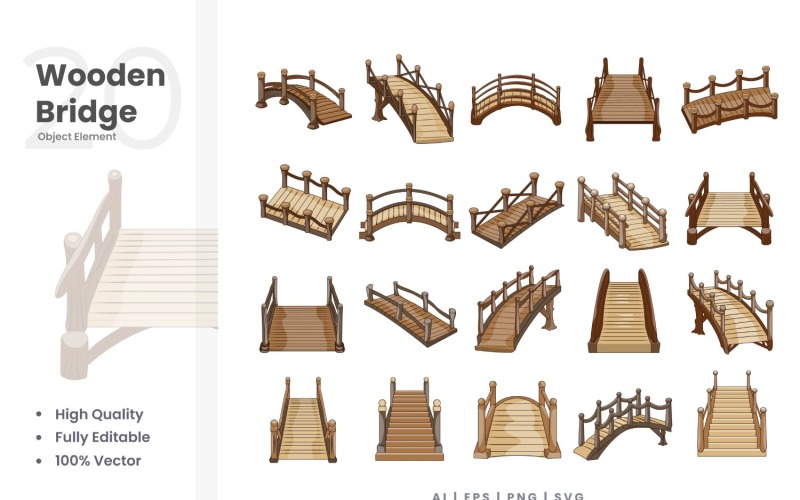 20 Wooden Bridge Vector Element Set Illustration