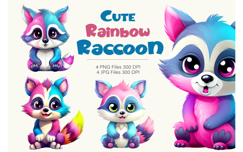 Cute rainbow raccoons. TShirt Sticker. Illustration
