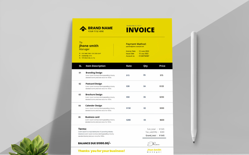 White And Yellow Invoice Template Corporate Identity