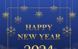 New Year 2024 blue gradient banner with snowflakes and bokeh light