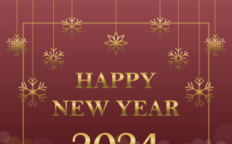 New Year 2024 red gradient banner with snowflakes and bokeh light