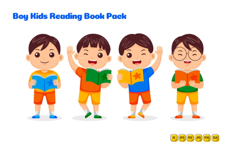 Boy Kids Reading Book Vector Pack #01 Vector Graphic