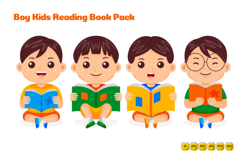 Boy Kids Reading Book Vector Pack #03 Vector Graphic