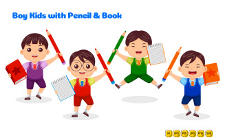 Boy Kids Study with Pencil and Book Vector Pack #02