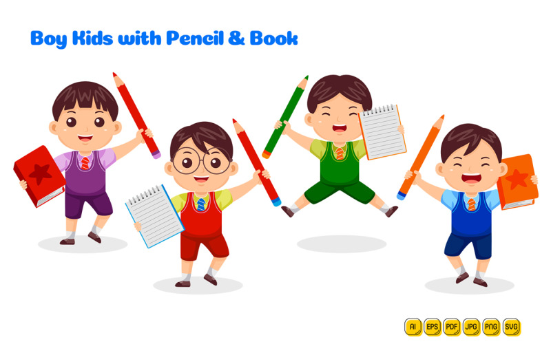 Boy Kids Study with Pencil and Book Vector Pack #02 Vector Graphic
