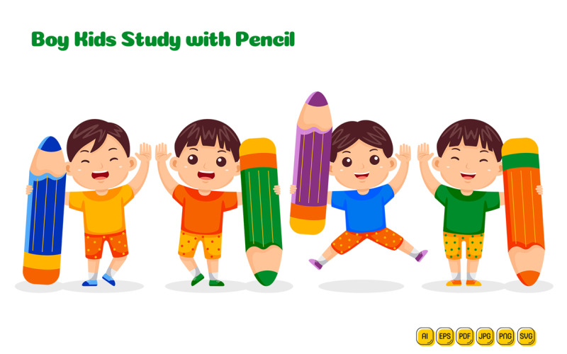 Boy Kids Study with Pencil Vector Pack #01 Vector Graphic