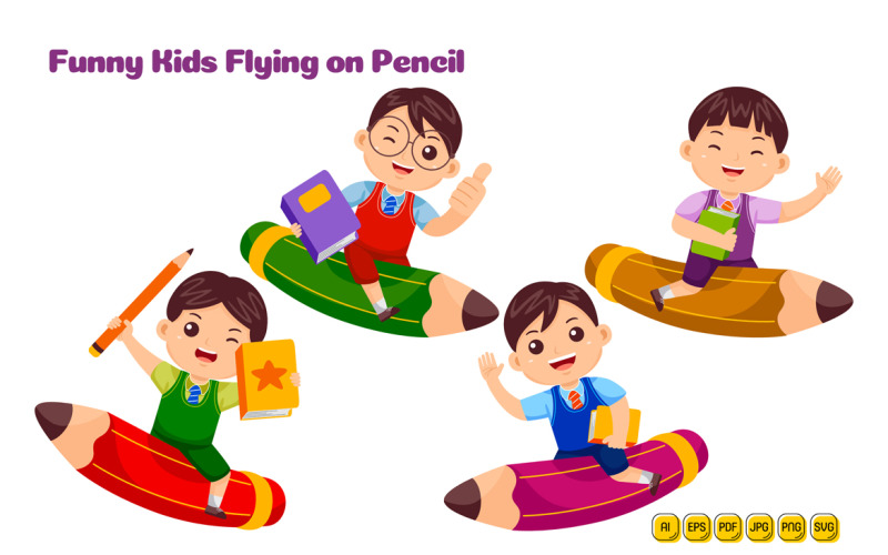 Boy Kids Study with Pencil Vector Pack #02 Vector Graphic