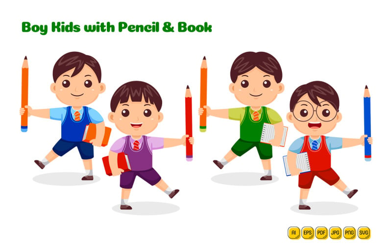 Boy Kids with Pencil and Book vector Pack #01 Vector Graphic