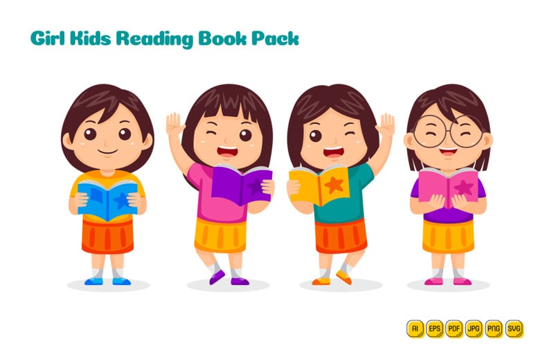 Girl Kids Reading Book Vector Pack #01 Vector Graphic