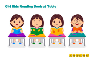 Girl Kids Reading Book Vector Pack #02