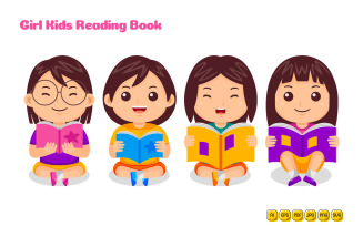 Girl Kids Reading Book Vector Pack #03