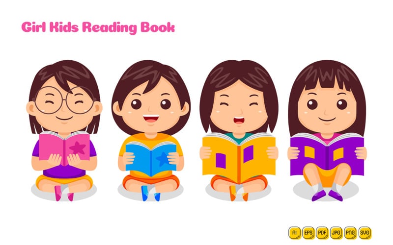 Girl Kids Reading Book Vector Pack #03 Vector Graphic