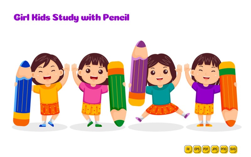 Girl Kids Study with Pencil Vector Pack #01 Vector Graphic