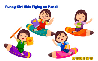 Girl Kids Study with Pencil Vector Pack #02