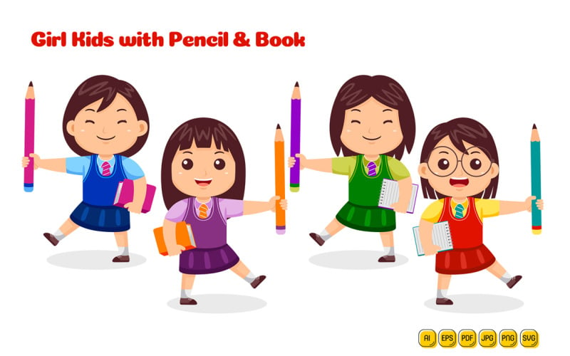 Girl Kids with Pencil and Book Vector Pack #01 Vector Graphic