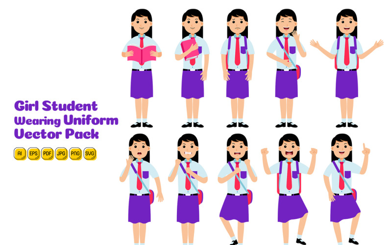 Girl Student Wearing Uniform Vector Pack #03 Vector Graphic