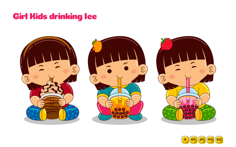 Girl Kids drinking Fruit Ice Vector Pack #02 Vector Graphic