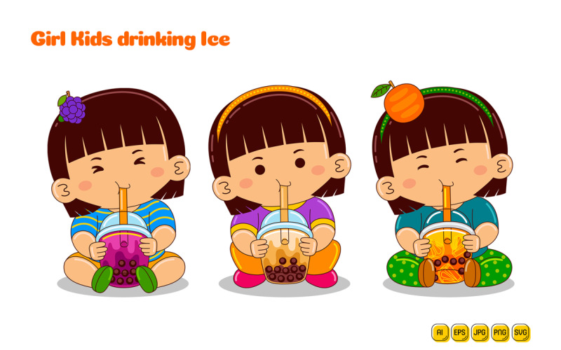 Girl Kids drinking Fruit Ice Vector Pack #03 Vector Graphic