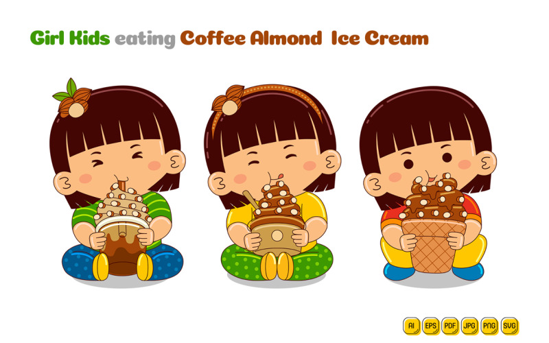 Girl Kids eating Coffee Almond Ice Cream Vector Graphic