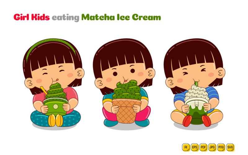 Girl Kids eating Matcha Ice Cream Vector Graphic