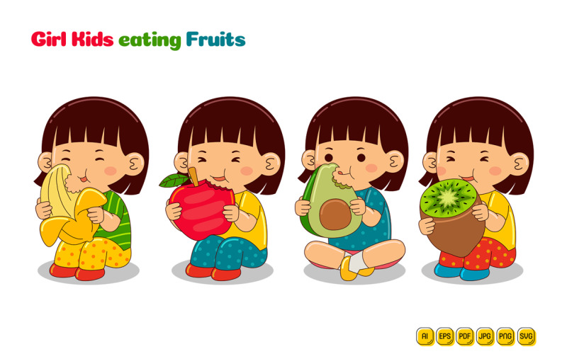 Girl Kids eating Fruits Vector Pack #01 Vector Graphic
