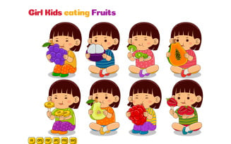Girl Kids eating Fruits Vector Pack #02